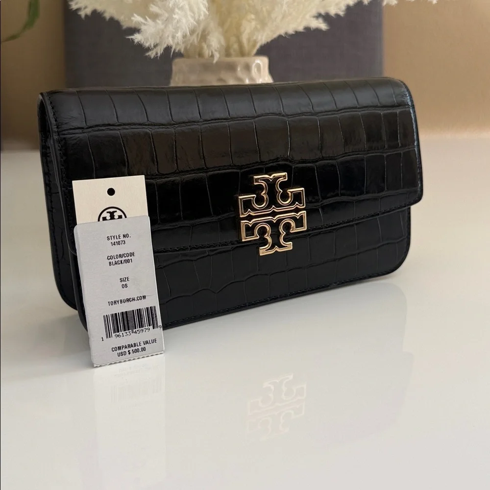 NWT Tory Burch Britten embossed chain wallet w wristlet crossbody Bag black $500